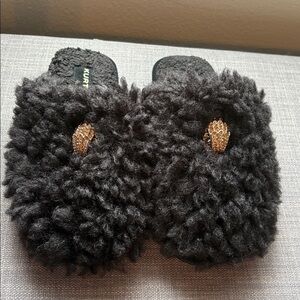 Kurt Geiger Kensington Black Faux Fur Rose Gold Eagle Slippers Size 6